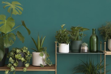 Collection of various green houseplants and succulents arranged on stylish gold shelves against a dark teal green wall backdrop for interior home decor.
