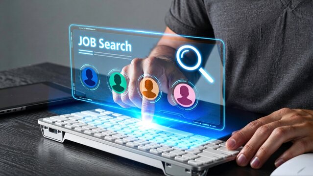 Online job search and digital recruitment concept showcasing a finger pressing a holographic screen interface with candidate profiles above a modern keyboard