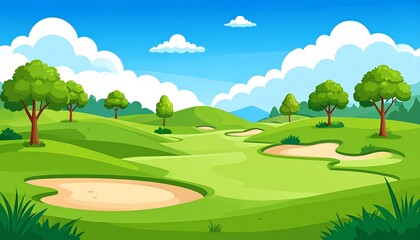 Obraz premium Cartoon golf course vista with green hills, sand traps, trees, and a sunny sky filled with puffy white clouds