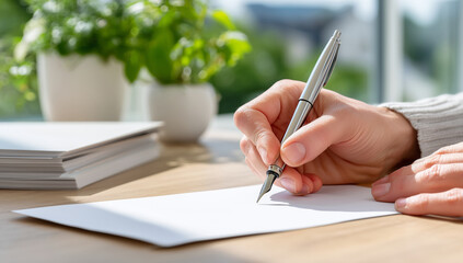 Close up of hand writing with pen on paper at desk