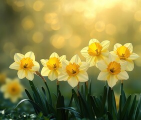 Six yellow daffodil flowers with green leaves basking in warm golden bokeh light, serene and cheerful spring morning close-up garden scene