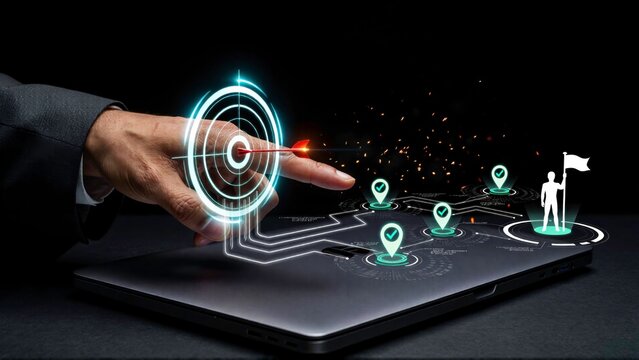 Business success concept man touching glowing target aiming for goal achievement on futuristic interface mapping out strategic roadmap reaching the destination