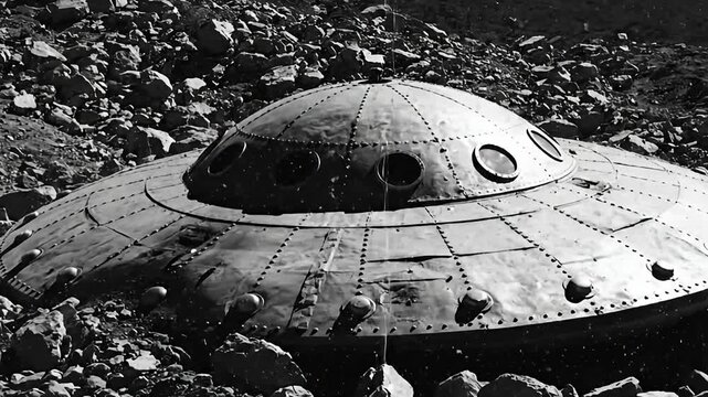 Vintage 1940s Archival Footage of Men Observing Crashed Flying Saucer in Desert
