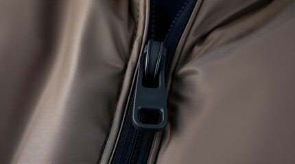 Zipper puller on brown jacket detail up close