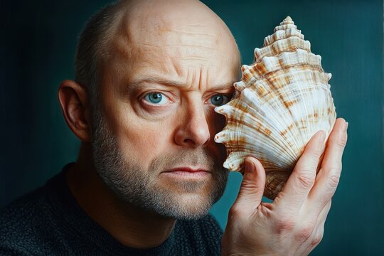 person holding a large spiral seashell to the ear in a contemplative, nostalgic listening gesture against a teal background