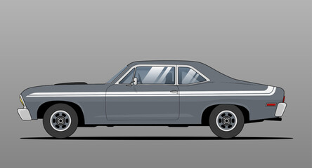 Obraz premium Gray classic muscle car side view illustration in clean vector style, ideal for automotive design, retro themes, posters, and digital artwork. 