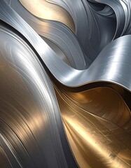 Abstract, flowing, metallic waves of silver and gold create a dynamic, textured surface