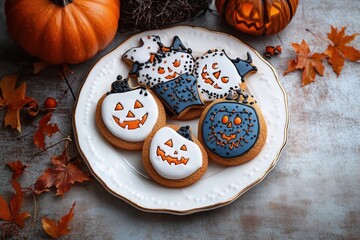 A decorative plate of Halloween-themed cookies shaped like pumpkins and ghosts with detailed icing, surrounded by autumn leaves and small pumpkins evoking a festive fall atmosphere