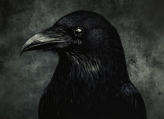 Detailed close-up illustration of a black raven with glossy feathers against a textured dark gray background, evoking a mysterious and intense mood