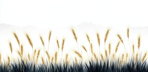 golden wheat stalks rising from dark blue grass silhouettes against a minimalist white background with faint distant hills, evoking a peaceful, tranquil breeze