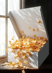 sunlit white cardboard box overflowing with golden crispy chips spilling onto a wooden windowsill, warm cozy abundance and playful scattering