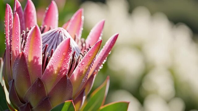 A stunning macro close-up captures the intricate beauty of a vibrant, exotic-looking flower. Its bold, petal-like bracts display a captivating gradient of rich pink, red, and subtle purple hues, glist