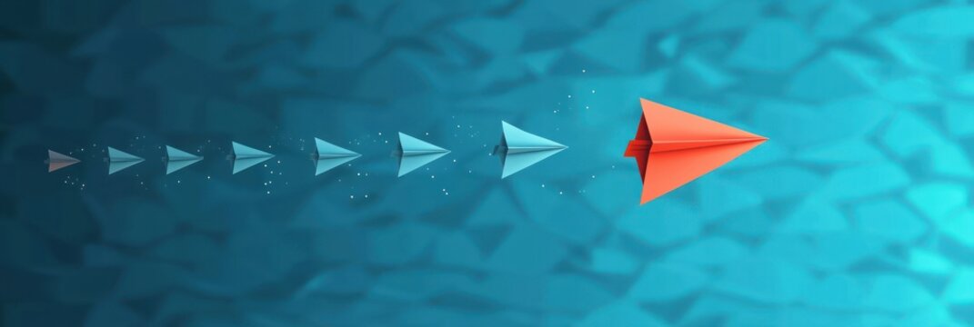 line of paper airplanes increasing in size across an abstract blue background led by a bold orange plane conveying confident forward momentum