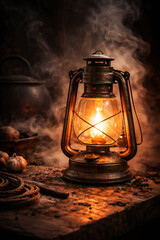 an old oil lamp burning on the kitchen table