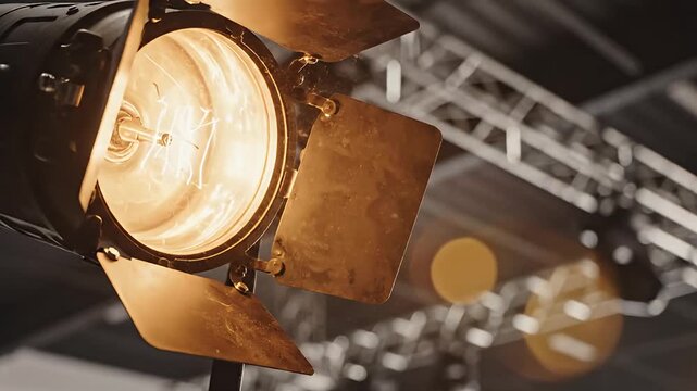 Warm Tungsten Stage Light with Industrial Truss Background and Dust
