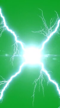 Bright white lightning bolts zig-zag across a green background, emanating from a central point