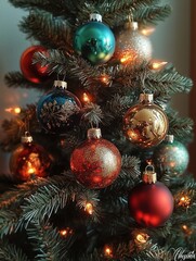 Close-up of a decorated evergreen Christmas tree with various shiny and glittery colorful baubles and warm glowing string lights creating a festive mood