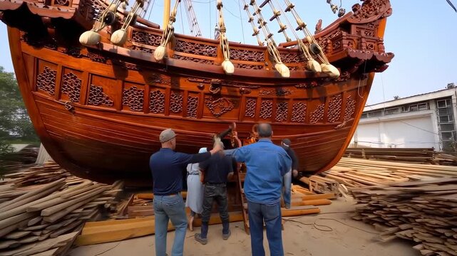 Ornate wooden ship under construction.  Workers are assisting in the process