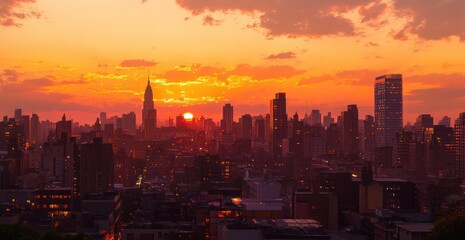 Obraz premium City skyline at sunset with glowing orange and yellow sky, silhouetted tall buildings, and bright sun near the horizon creating a warm and calm atmosphere
