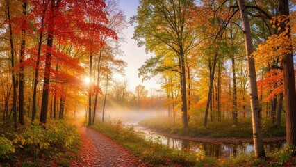 Serene Autumn Forest with Misty Lake.