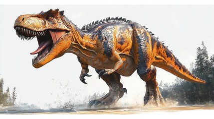 Fototapeta premium Fierce orange and black striped giant carnivorous dinosaur roaring and charging through shallow water, splashing mud with trees in the misty background