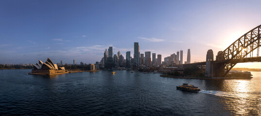 Australia Sydney downtown skyline panorama and financial business center cityscape near Opera House.