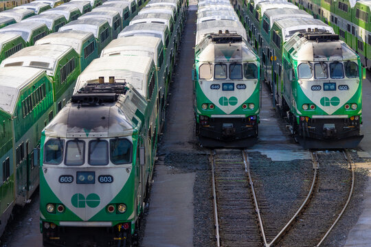 Toronto, Ontario, Canada-June 2, 2025: Toronto Go Train arriving at a platform at Union station terminal