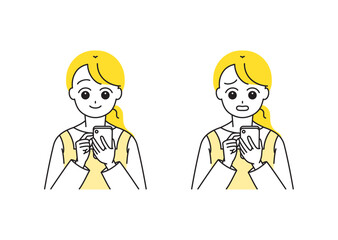 スマホを見るエプロン姿の女性イラストセット