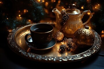 Fototapeta premium Elegant golden tea set with black cup and saucer placed on ornate golden tray surrounded by pinecones, glittery Christmas ornaments, and festive warm fairy lights