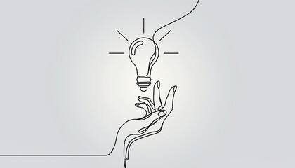 Illustration of a Hand Holding a Light Bulb. Simple Line Art Illustrations (Ultra-Clean Vector Style). A human hand gently holding a glowing light bulb positioned in the center of the frame.

