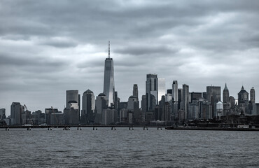 Fototapeta premium New York skyline city. NYC with Manhattan in blue dusk tones. New York skyline Manhattan. New York landmark cityscape. New York iconic panorama.