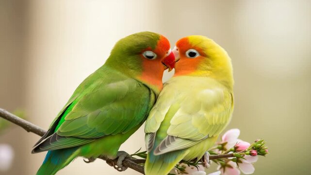 Pair of Lovebirds Perched on Blossoming Branch with Soft Natural Light and Blurred Background with Vibrant Green and Yellow Plumage Close Together
