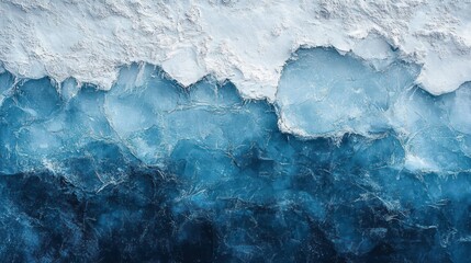 Close-up view of layered ice formations with various shades of blue and white textures, showcasing the natural beauty and cold environment