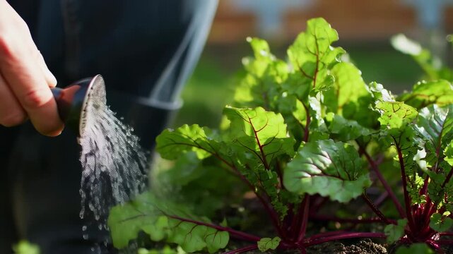 Close-up of hands watering a vibrant beet plant in a garden bed