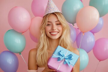 Obraz premium Young woman in a confetti party hat holding a pastel gift box with blue ribbon surrounded by pastel balloons, joyful celebratory mood