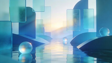 Abstract 3D render of futuristic blue geometric structures with reflective water surfaces, glass panels, and spherical elements. Modern minimalist aesthetic with serene, calm digital environment.
