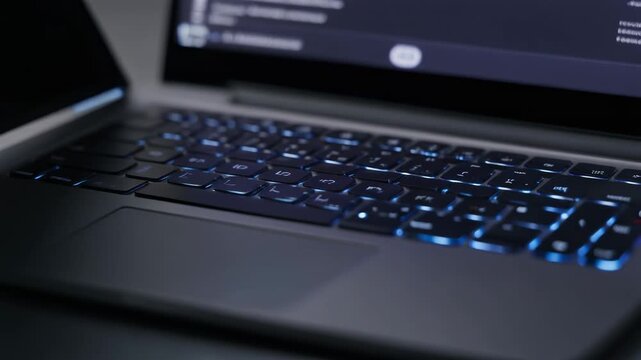 Close-up of a laptop keyboard with blue backlighting and screen display.