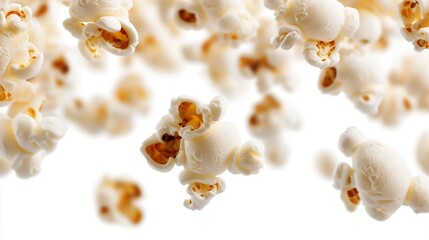 Crisp, golden-tipped popcorn kernels floating against a pristine white background, capturing the light and texture of freshly popped corn in a dynamic, appetizing composition