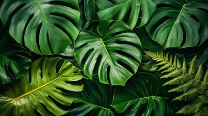 Lush tropical monstera leaves create a vibrant green botanical backdrop with intricate leaf patterns and varying shades of emerald foliage