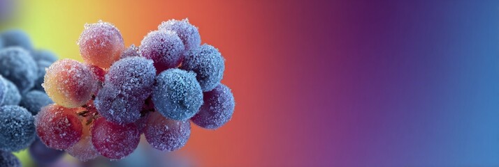 Frosted grape cluster glistening with delicate ice crystals, showcasing nature's intricate beauty against a vibrant gradient background of warm and cool tones