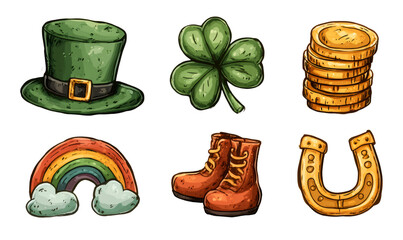 St. Patrick's day celebration with various irish luck symbols, including a leprechaun hat, shamrock, gold coins, rainbow, boots, and horseshoe
