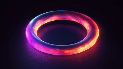 Glowing neon torus ring with vibrant purple pink and orange luminous gradient on dark surface, futuristic and mesmerizing atmosphere