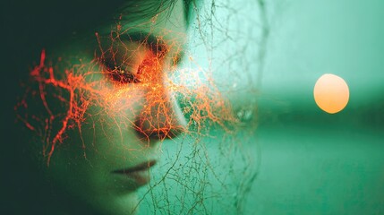 Human face in profile with glowing red orange neural patterns emanating from closed eyes A vibrant orange orb against a teal green