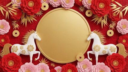 Chinese New Year Lunar New Year of the Horse with golden round frame adorned with intricate white horses, auspicious coins, and vibrant red and pink floral decorations on a textured red background