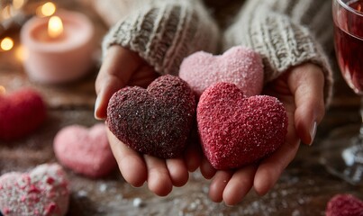 Obraz premium Warm hands holding various heart shaped sweets. Cozy setting with a lit candle and drink creating a romantic atmosphere