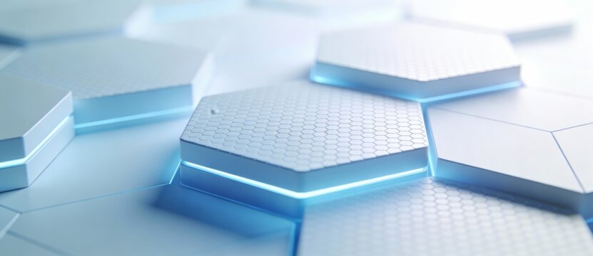 Abstract view of hexagonal electronic chips with blue LED illumination, representing advanced semiconductor technology and digital innovation.