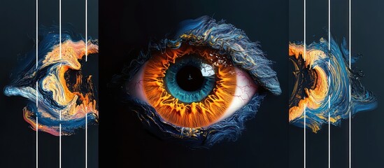 intense central eye with fiery orange iris and turquoise ring framed by swirling paint-like flames and vertical white lines on a dark triptych, mesmerizing and surreal