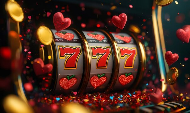 Slot machine displaying a winning jackpot with triple 7s, surrounded by falling gold coins, glitter confetti, and hearts