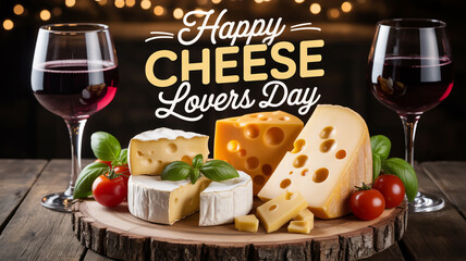 A festive arrangement of red wine various cheeses and tomatoes for cheese lovers day
