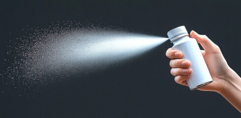 Close-up of a hand holding a white aerosol can spraying a fine mist of droplets into the air against a dark background, conveying fresh energetic motion